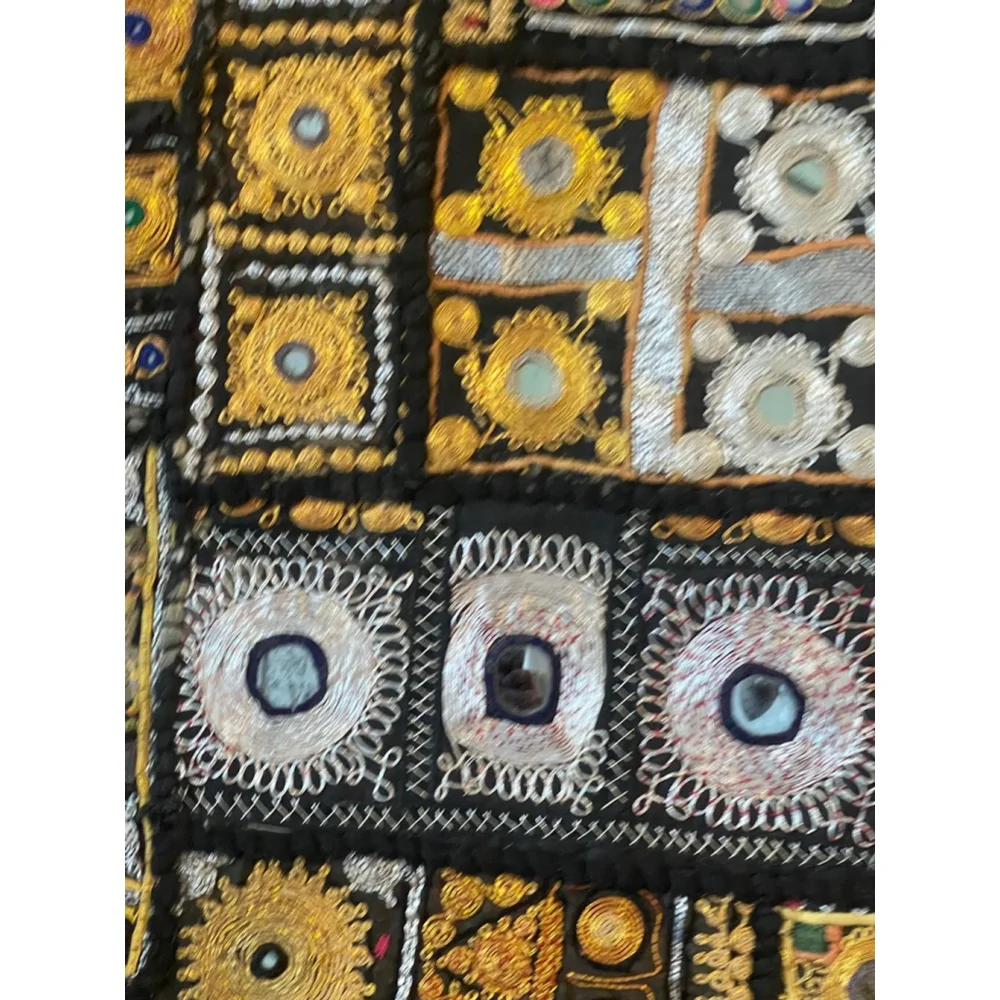 Vintage Indian Embroidered Mirror Work Wall Hanging 46x24 Gujarat Rajasthan